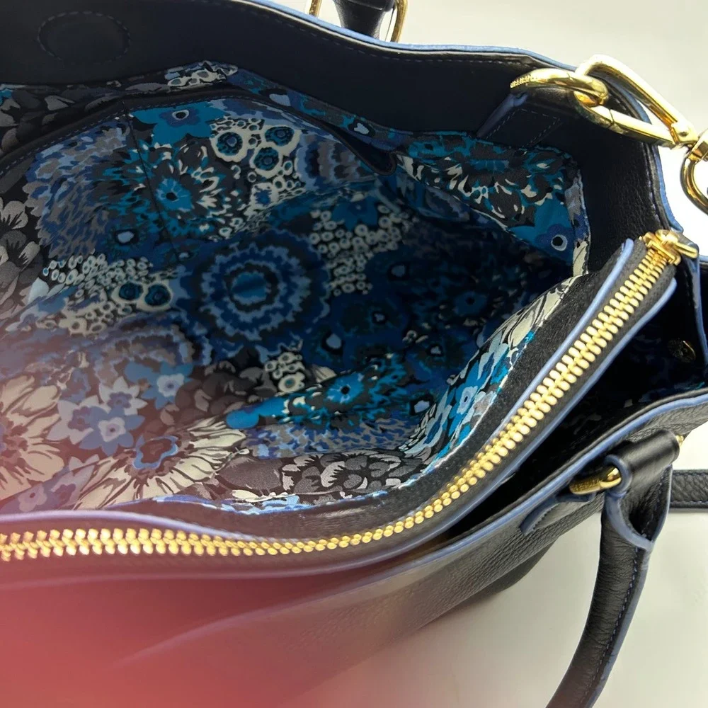 Vera Bradley Satchel Bag Womens Large Black Blue Excellent Leather‎ Crossbody